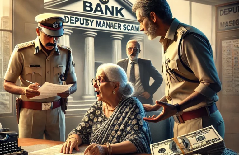 DALL·E 2025-03-17 19.39.29 - A dramatic scene depicting a bank setting where a senior woman is looking at her bank documents in distress. The bank office shows a deputy manager an